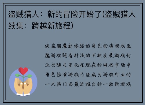盗贼猎人:新的冒险开始了(盗贼猎人续集:跨越新旅程)
