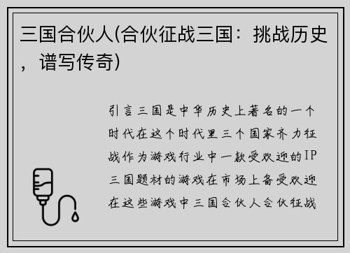 三国合伙人(合伙征战三国:挑战历史,谱写传奇)